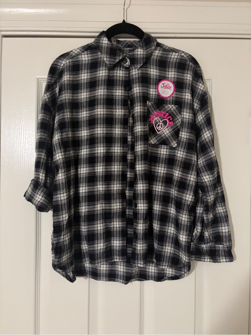 Justice Black & White Plaid Button-Down Shirt with Pink Logo Patches